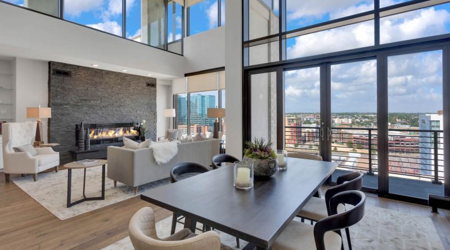 a living room with a fireplace